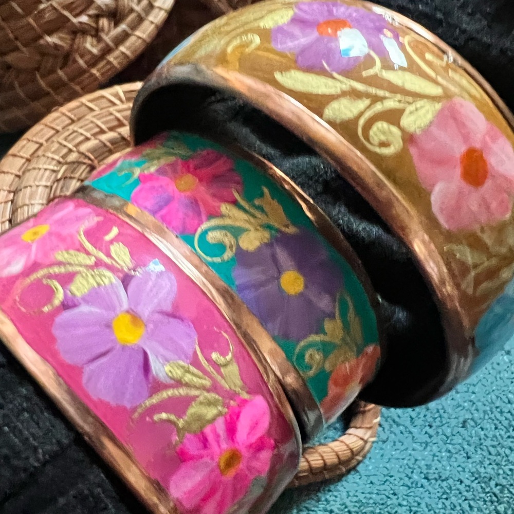 3 hand painted copper bracelets from Mexico - Picture 2 of 5